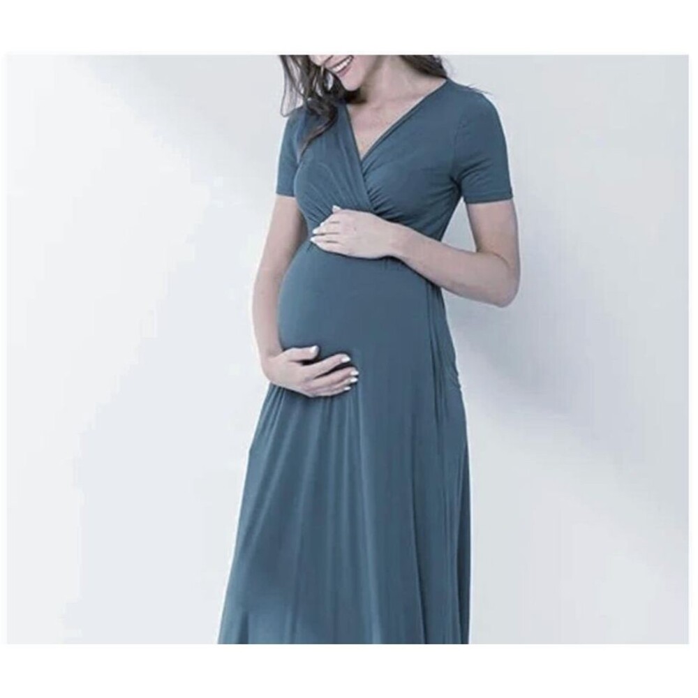 Blue Jersey Maxi Maternity Dress M V-Neck Nursing Dress Baby Shower Photoshoot